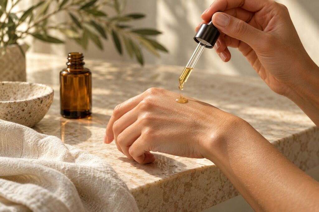 A golden serum drop on a hand above a cream travertine countertop